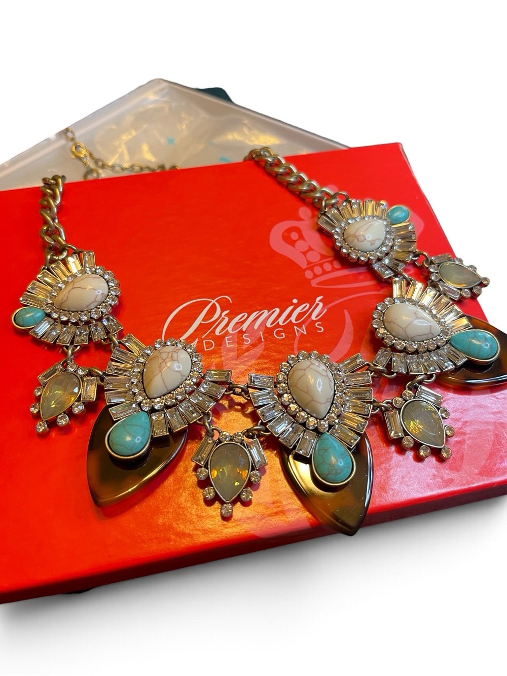 Premier Designs “Teal The Show” Faux Turquoise Tortoise Shell Statement Necklace